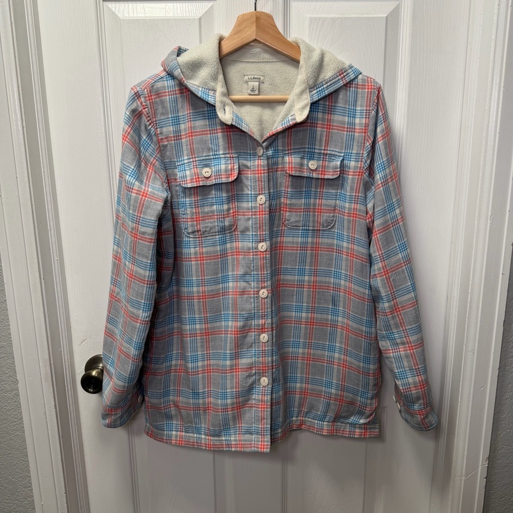 L.L.Bean Fleece-Lined Hooded Flannel Shirt Jacket Shacket Plaid Women’s Small - Picture 2 of 8